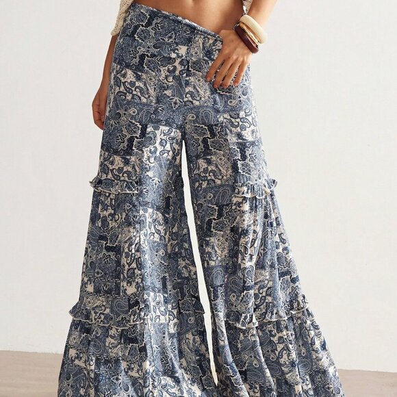 Blue Boho Women's Paisley Print Ruffled Wide Leg Pants - Picture 2 of 7